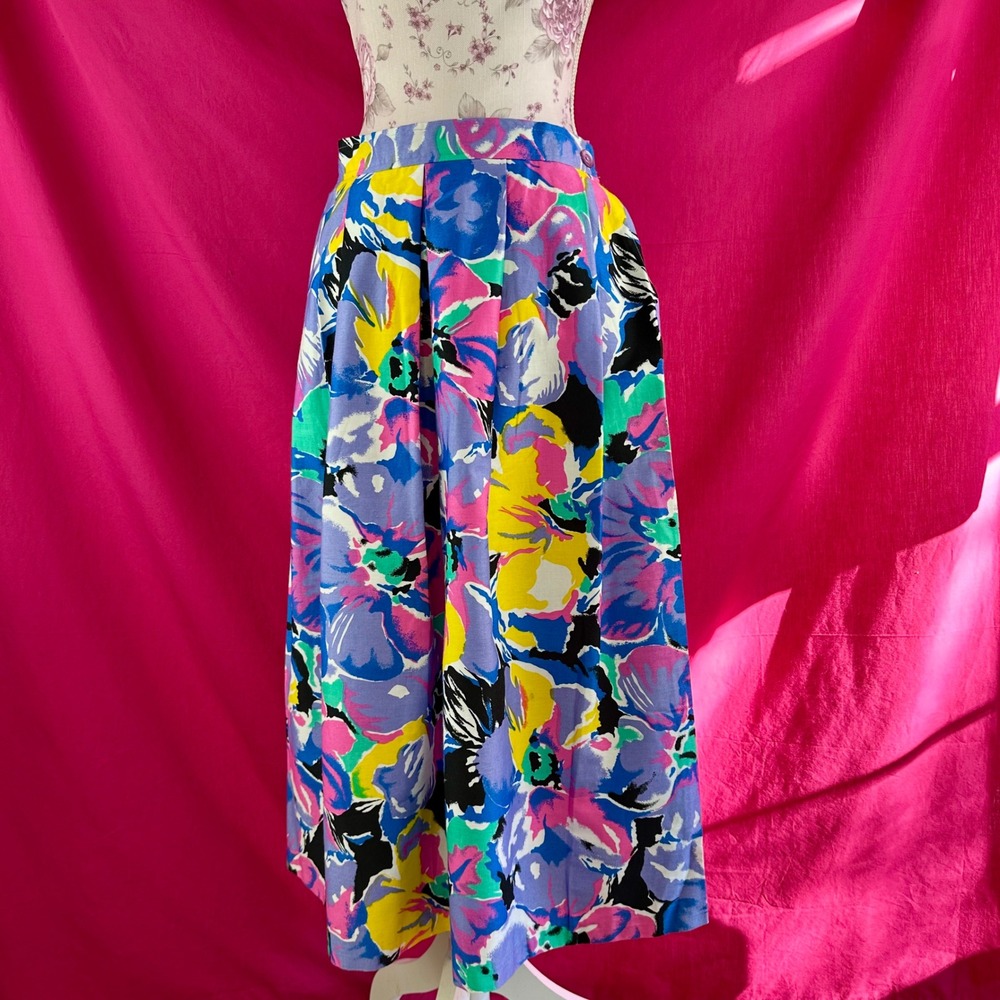 Vintage 80s 90s Floral Pleated Midi Long Skirt Lavender Pink Teal Cotton Size 14